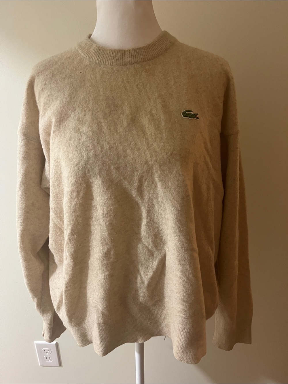 Lacoste Crewneck Sweater in Light Beige with Green Logo